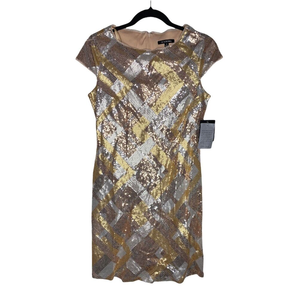 NEW Marina Dress Size 4 Cap Sleeves Mini Dress Formal Sequin Rose Gold White